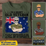 Personalized I'm A Grumpy Australian Old Veteran My Level Of Sarcasm Depends On Your Level Of Stupidity Rank Camo Printed Tshirts 23FEB-DT02