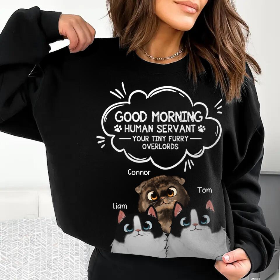 Personalized Good Morning Human Servant Your Tiny Furry Overlords Cat Lovers Tshirt or Sweater Printed QTHQ0202