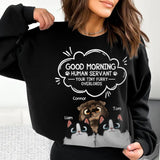 Personalized Good Morning Human Servant Your Tiny Furry Overlords Cat Lovers Tshirt or Sweater Printed QTHQ0202