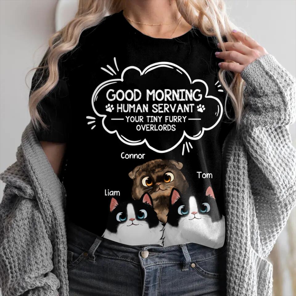 Personalized Good Morning Human Servant Your Tiny Furry Overlords Cat Lovers Tshirt or Sweater Printed QTHQ0202