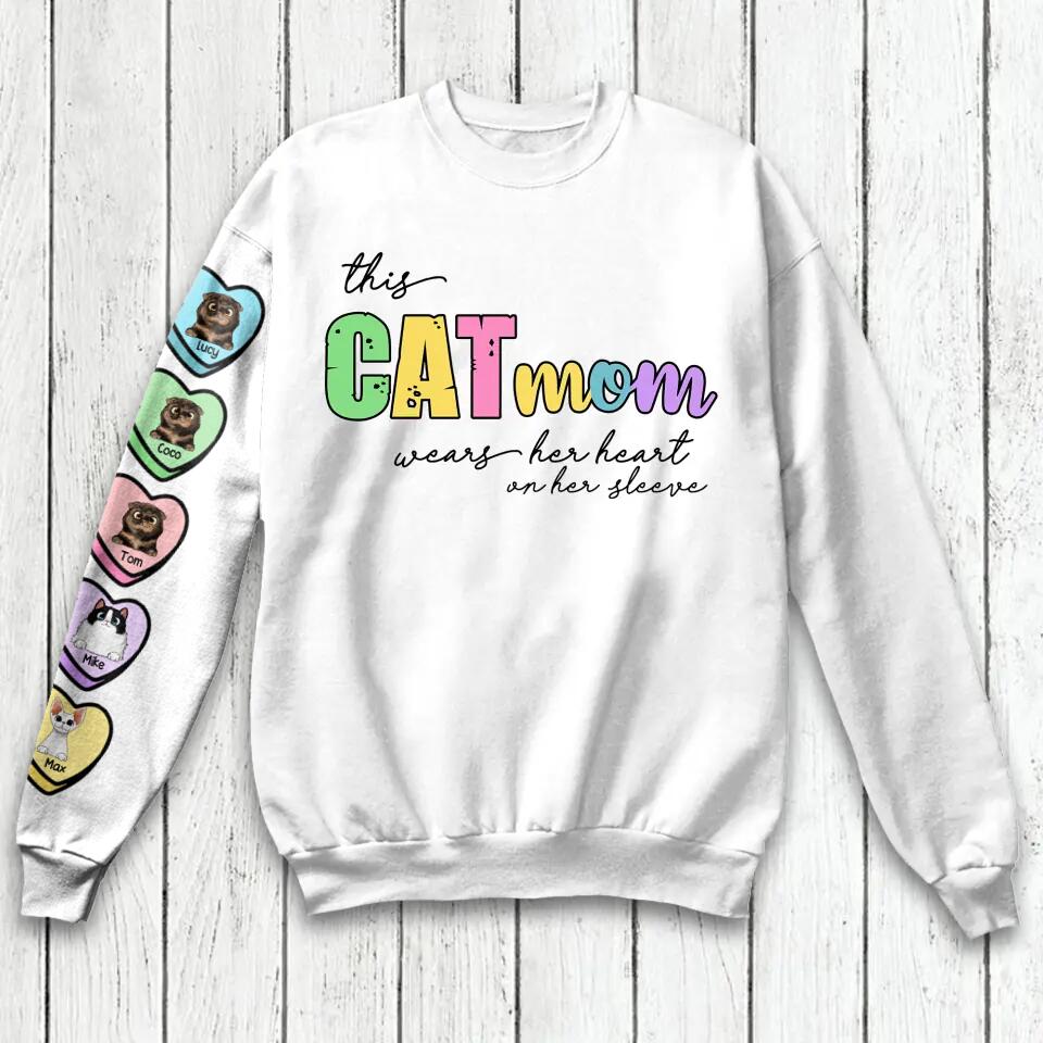 Personalized This Cat Mom Wears Her Heart On Her Sleeve Hoodie or Sweater 3D Printed QTVQ3001