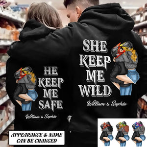 Personalized He Keeps Me Safe She Keeps Me Wife Motocross Couple Hoodie Printed Valentine's Day Gift 23FEB-HQ04