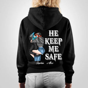 Personalized He Keeps Me Safe She Keeps Me Wife Motocross Couple Hoodie Printed Valentine's Day Gift 23FEB-HQ04