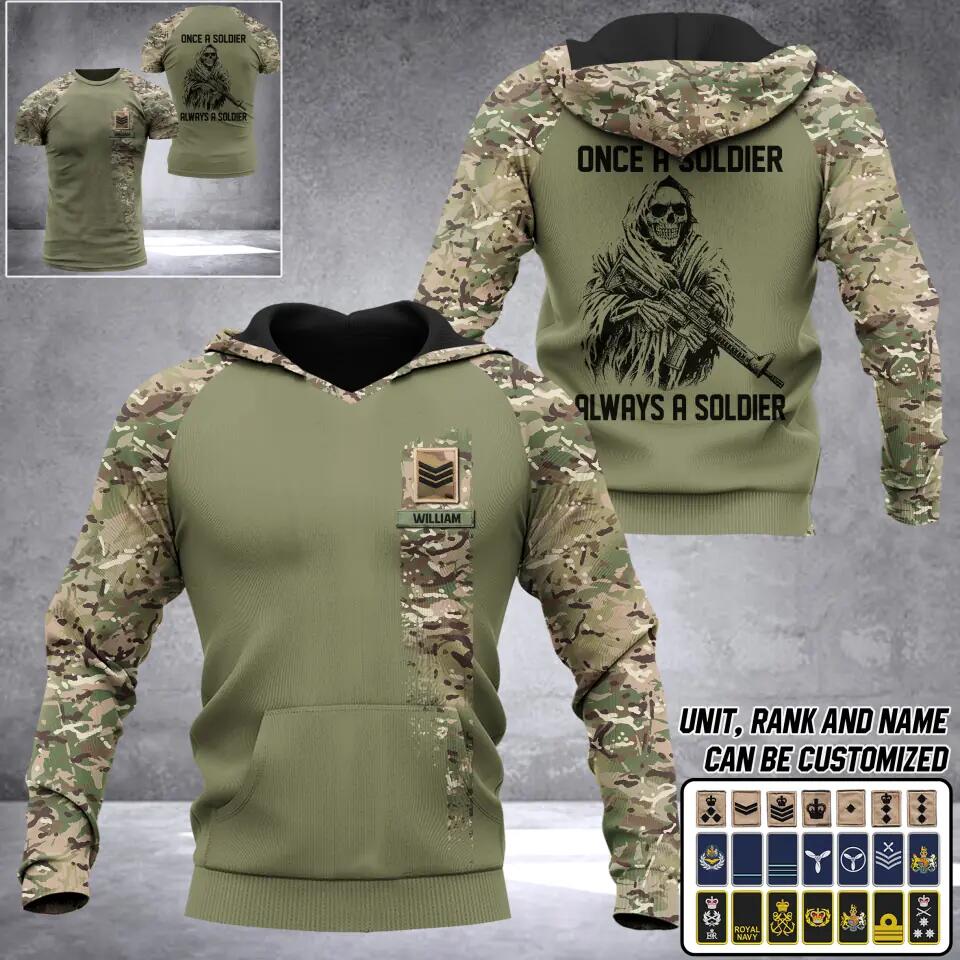 Personalized UK Solider/ Veteran One A Soldier Always A Soldier  Camo With Name and Rank Hoodie Or Tshirt 3D Printed QTDT0602