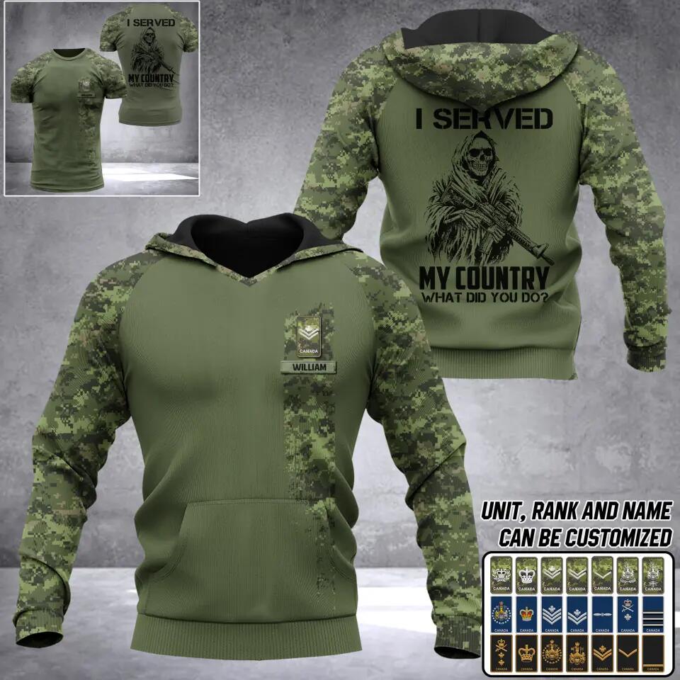 Personalized Canadian Solider/ Veteran I Served My Country What Did You Do Name and Rank Camo Hoodie 3D Printed 23FEB-DT06