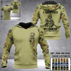 Personalized Australian Solider/ Veteran I Served My Country What Did You Do Name and Rank Camo Hoodie 3D Printed 23FEB-DT06