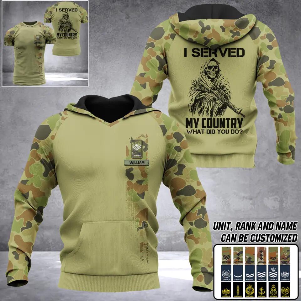Personalized Australian Solider/ Veteran I Served My Country What Did You Do Name and Rank Camo Hoodie 3D Printed 23FEB-DT06