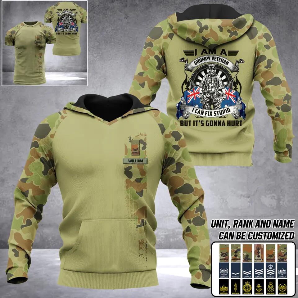 Personalized I Am An Australian Grumpy Veteran I Fix Stupid Name and Rank Camo Hoodie 3D Printed QTDT0702