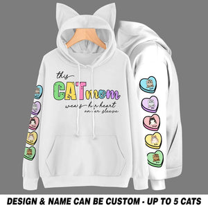 Personalized This Cat Mom Wear Her Heart on Her Sleeve Hoodie Printed QTHQ0702