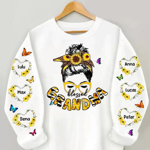 Personalized Blessed Grandma Nana Mom Gigi Kid NAme Hippie Sunflower Printed Sweatshirt PNDT0802