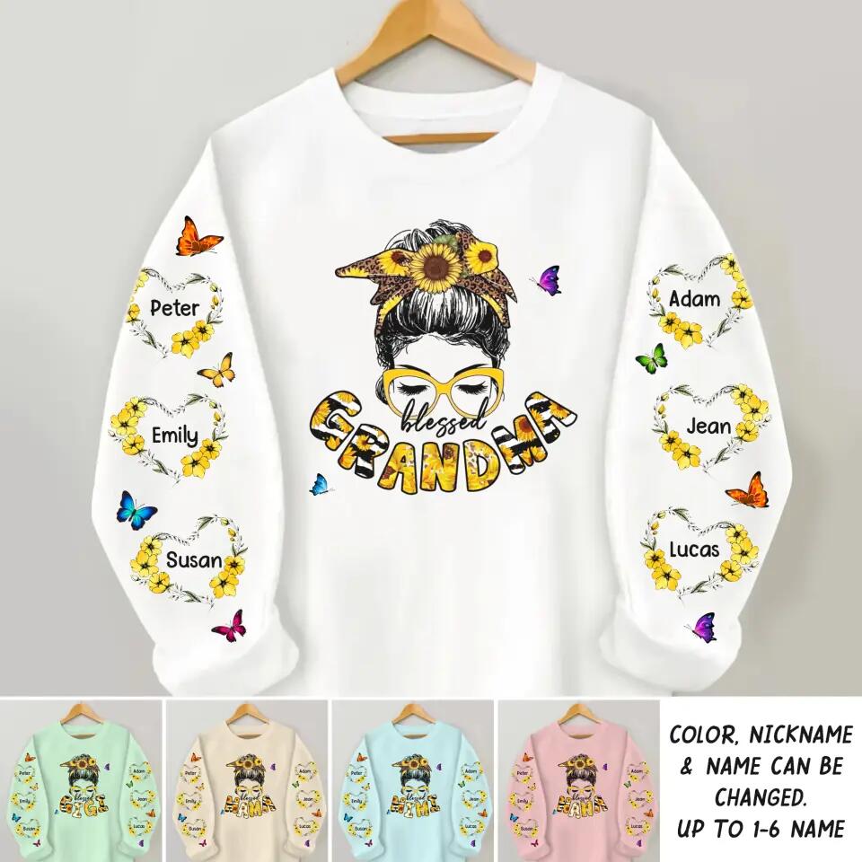 Personalized Blessed Grandma Nana Mom Gigi Kid NAme Hippie Sunflower Printed Sweatshirt PNDT0802