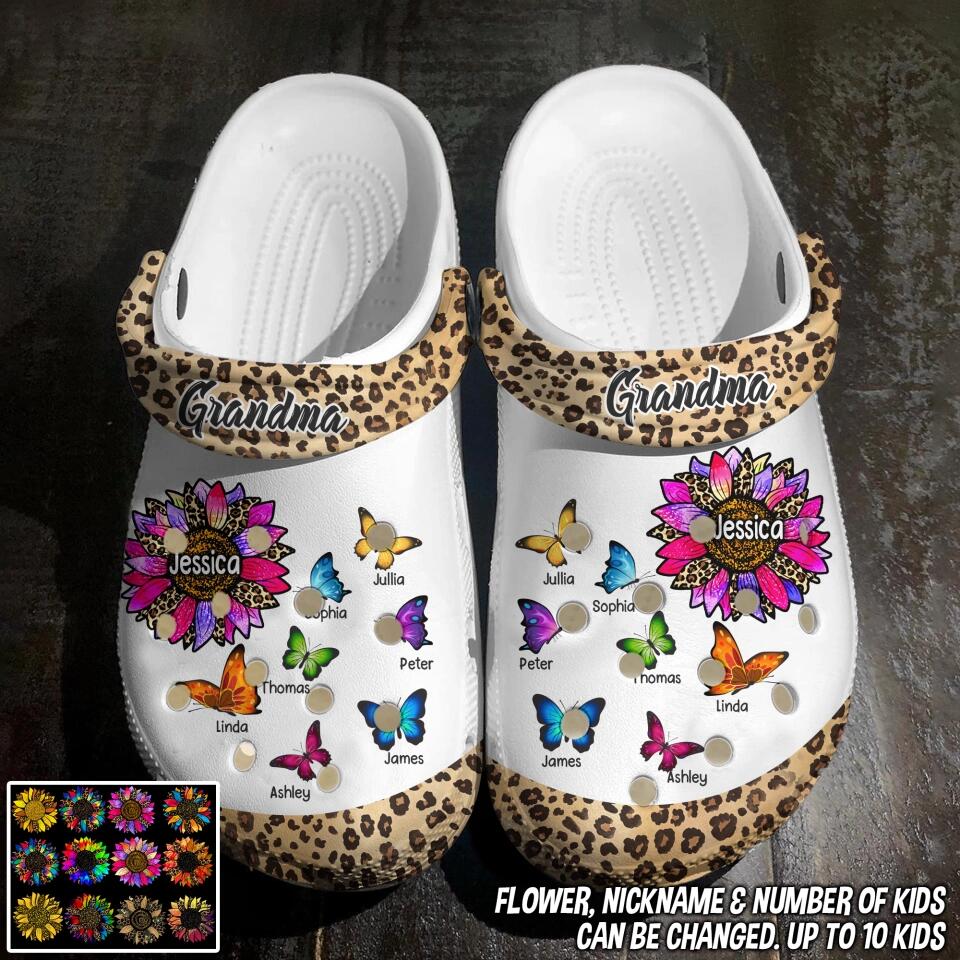Personalized Grandma Sunflower & Butterflys with Kid's Name Clog Slipper Shoes Printed PNDT1402
