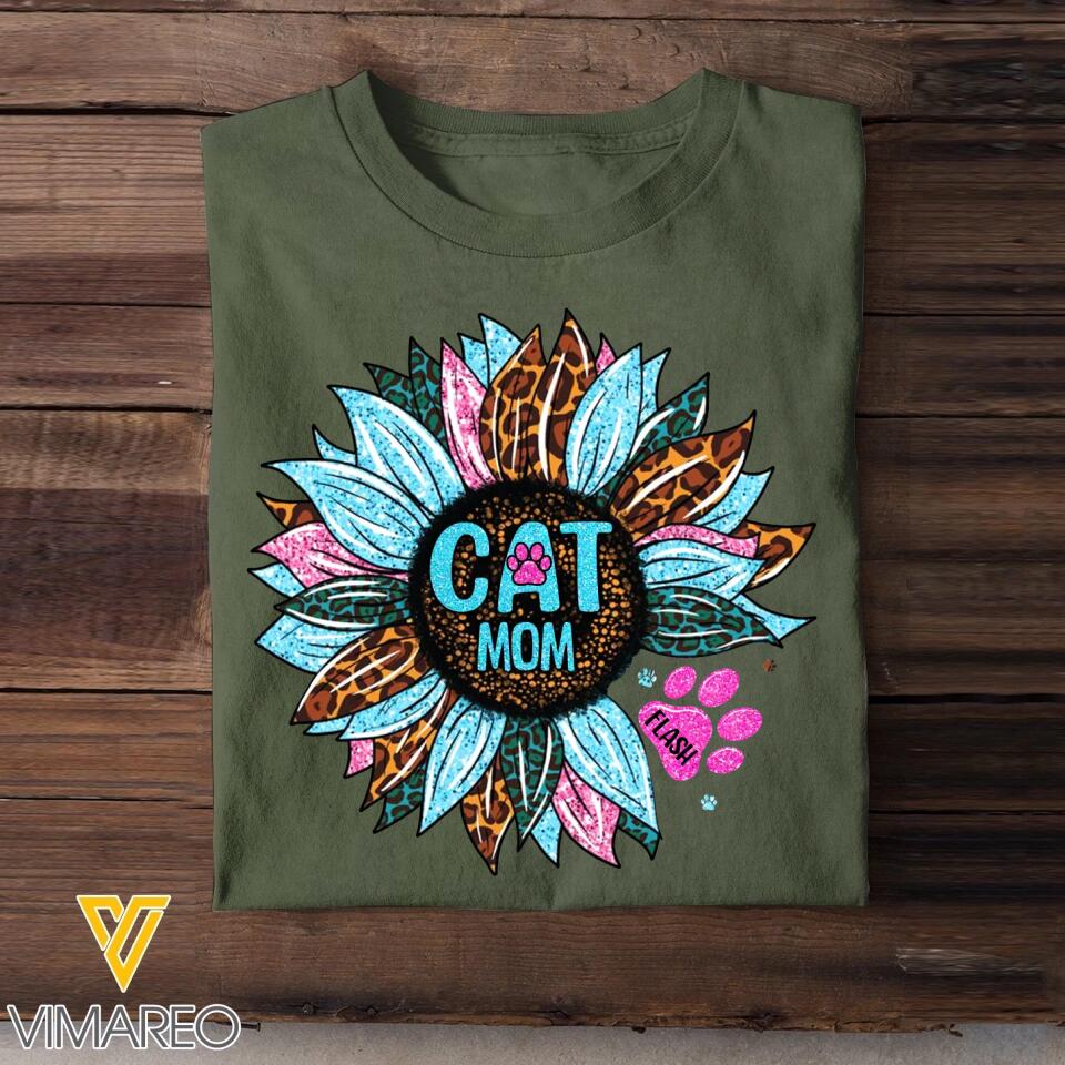 Personalized Tie Dye Leopard Sparkling Sunflower & Cat Mom Tshirt Printed 23FEB-DT16