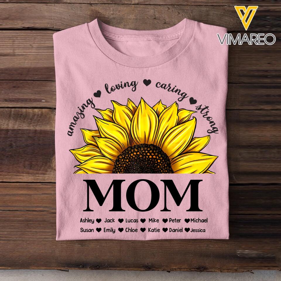 Personalized Amazing Loving Caring Strong Sunflower  Grandma Mom Aunt Nana Kid Name Tshirt Printed QTHQ0903