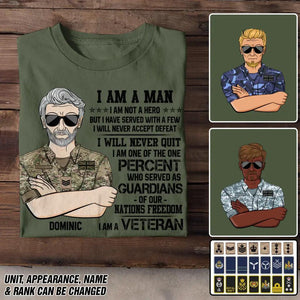 Personalized UK Soldier/ Veteran I Am A Man Not Hero I Will Never Accept Defeat Printed Tshirts 23MAR-DT21