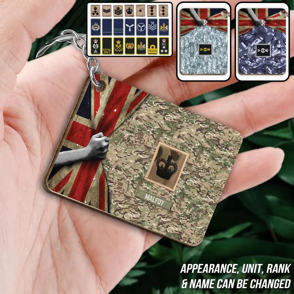 Personalized UK Soldier/ Veteran Rank Flag Camo Wooden Keychain Printed 23MAR-QT22