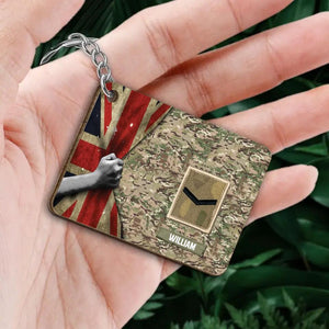 Personalized UK Soldier/ Veteran Rank Flag Camo Wooden Keychain Printed 23MAR-QT22