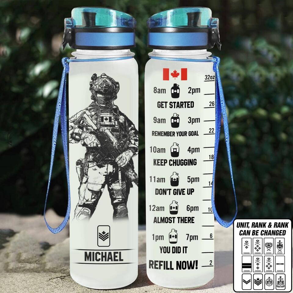 Personalized Get Started Remember Your Goal Keep Chugging Don't Give Up Almost There You Did It Refill Now Canadian Veteran/Soldier Rank Camo Water Tracker Bottle Printed 23MAY-DT23
