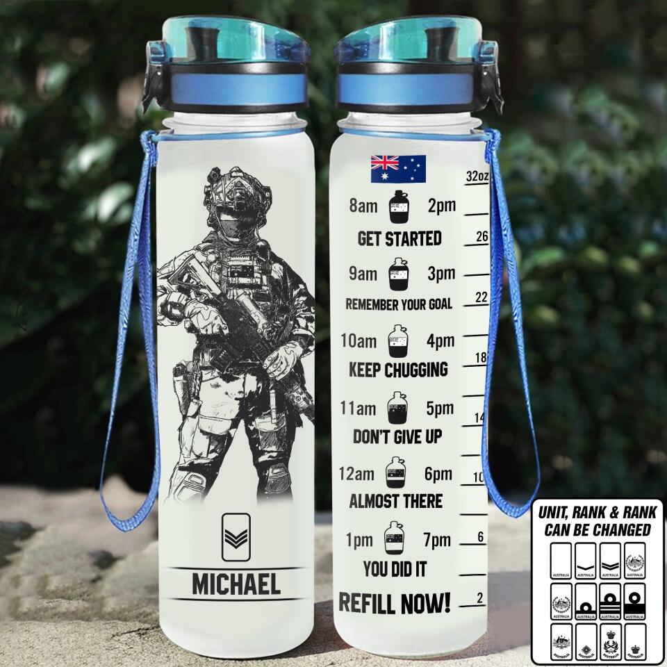 Personalized Get Started Remember Your Goal Keep Chugging Don't Give Up Almost There You Did It Refill Now Australian Veteran/Soldier Rank Camo Water Tracker Bottle Printed 23MAY-DT23