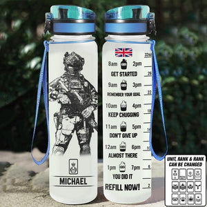 Personalized Get Started Remember Your Goal Keep Chugging Don't Give Up Almost There You Did It Refill Now UK Veteran/Soldier Rank Camo Water Tracker Bottle Printed 23MAY-DT23