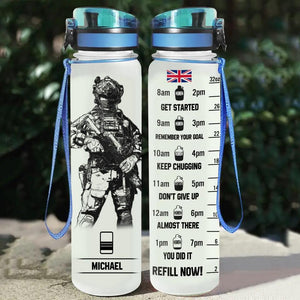 Personalized Get Started Remember Your Goal Keep Chugging Don't Give Up Almost There You Did It Refill Now UK Veteran/Soldier Rank Camo Water Tracker Bottle Printed 23MAY-DT23
