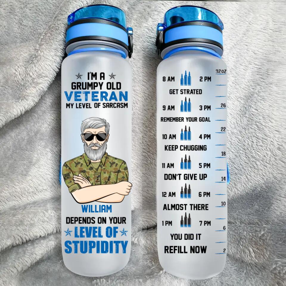 Personalized I'm An Australian Grumpy Old Veteran My Level Of Sarcasm Depends On YOur Level Of Stupidity  Water Tracker Bottle Printed 23MAR-HQ23