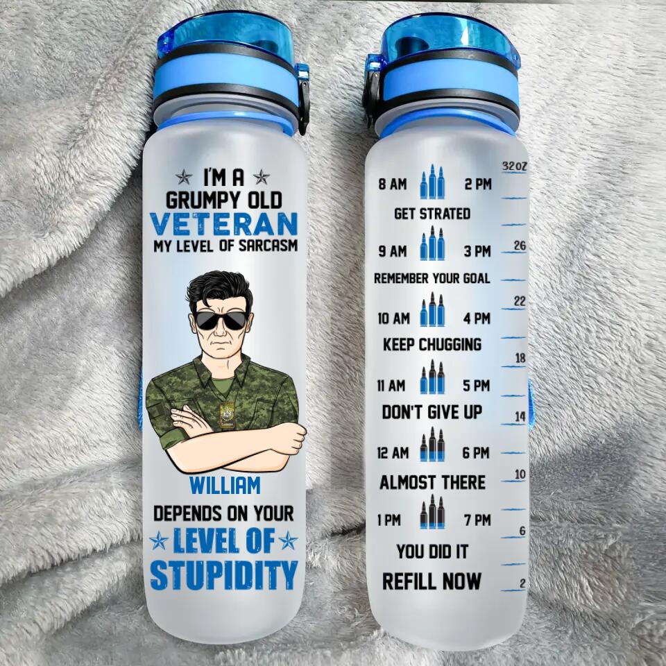 Personalized I'm A Canadian Grumpy Old Veteran My Level Of Sarcasm Depends On YOur Level Of Stupidity  Water Tracker Bottle Printed 23MAR-HQ23