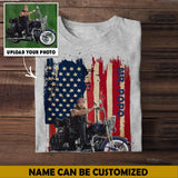 Personalized Upload Your Motorcyclist Photo US Flag Background Tshirt Printed 23MAR-BQT29