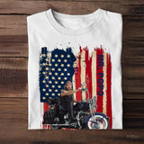 Personalized Upload Your Motorcyclist Photo US Flag Background Tshirt Printed 23MAR-BQT29