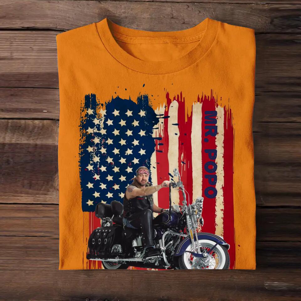 Personalized Upload Your Motorcyclist Photo US Flag Background Tshirt Printed 23MAR-BQT29