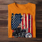 Personalized Upload Your Motorcyclist Photo US Flag Background Tshirt Printed 23MAR-BQT29
