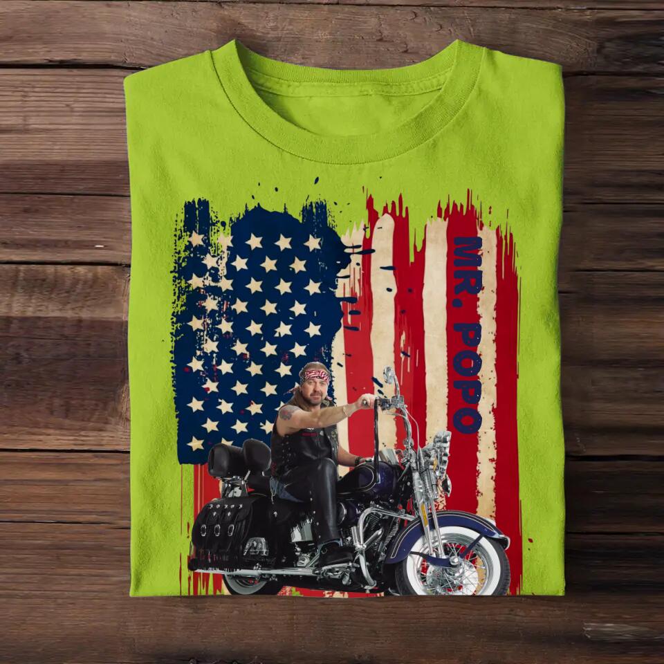 Personalized Upload Your Motorcyclist Photo US Flag Background Tshirt Printed 23MAR-BQT29