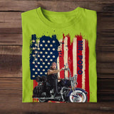Personalized Upload Your Motorcyclist Photo US Flag Background Tshirt Printed 23MAR-BQT29