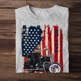 Personalized Upload Your Motorcyclist Photo US Flag Background Tshirt Printed 23MAR-BQT29