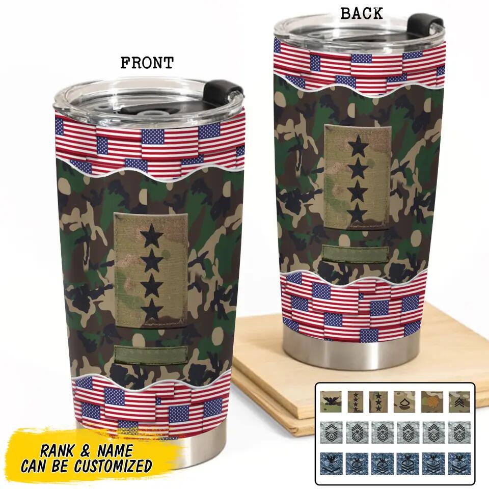 Personalized US Soldier/ Veteran Flag Rank Camo Tumbler Printed 23MAR-BQT30