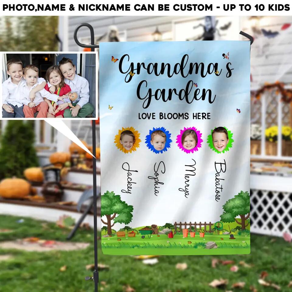 Personalized Upload Your Kid Photos Grandma Nana Mom Aunt Garden Love Bloooms Here Garden Flag Printed PNHQ0104