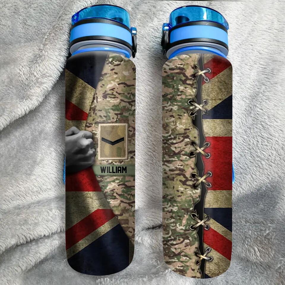 Personalized UK Soldier/ Veteran Rank Flag And Camo Water Tracker Bottle Printed 23APR-DT03