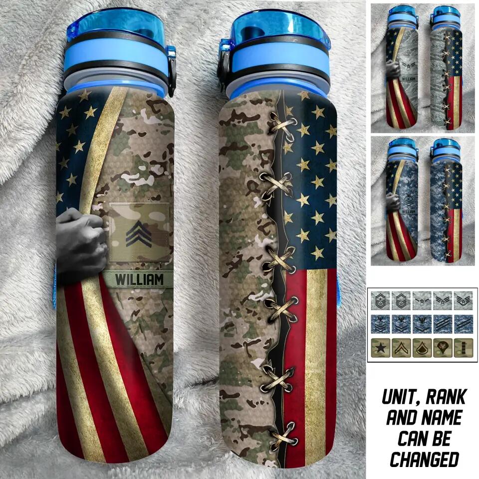 Personalized US Soldier/ Veteran Rank Flag And Camo Water Tracker Bottle Printed 23APR-DT03