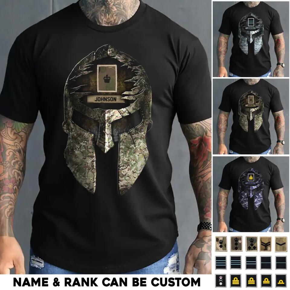 Personalized Spartan Skull British United Kingdom Soldier/ Veteran Rank Camo  Tshirt Printed 23APR-HQ06