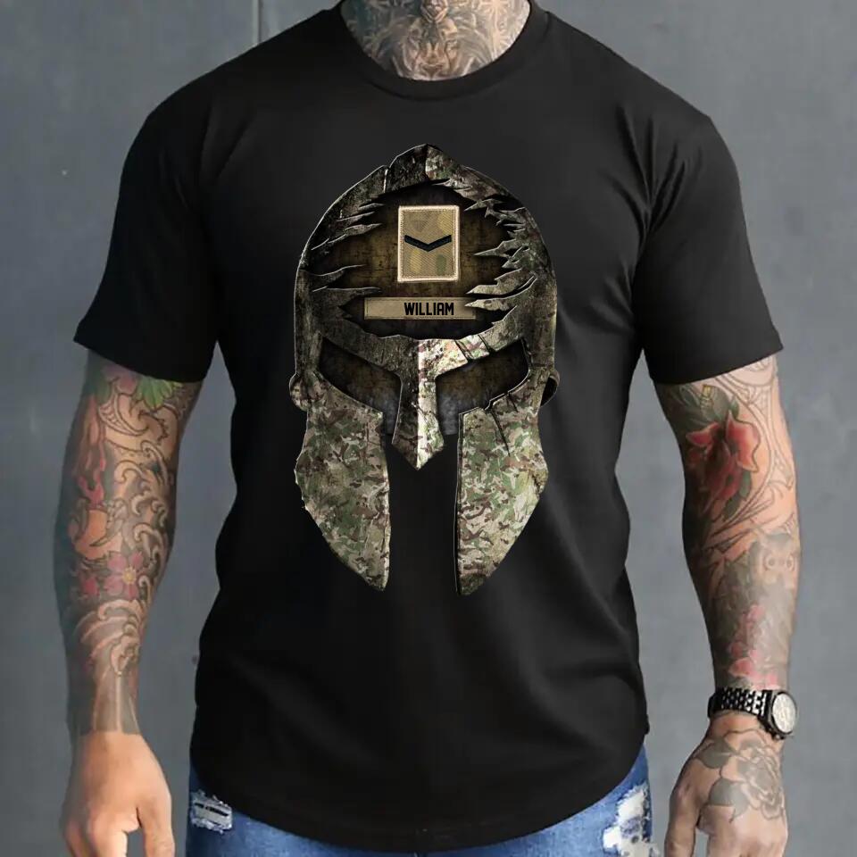 Personalized Spartan Skull British United Kingdom Soldier/ Veteran Rank Camo  Tshirt Printed 23APR-HQ06