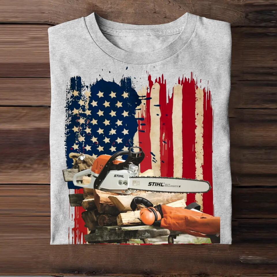 Personalized Upload Your Chainsaw Photo Arborist 
 US Flag Tshirts 23APR-DT07