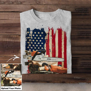 Personalized Upload Your Chainsaw Photo Arborist 
 US Flag Tshirts 23APR-DT07