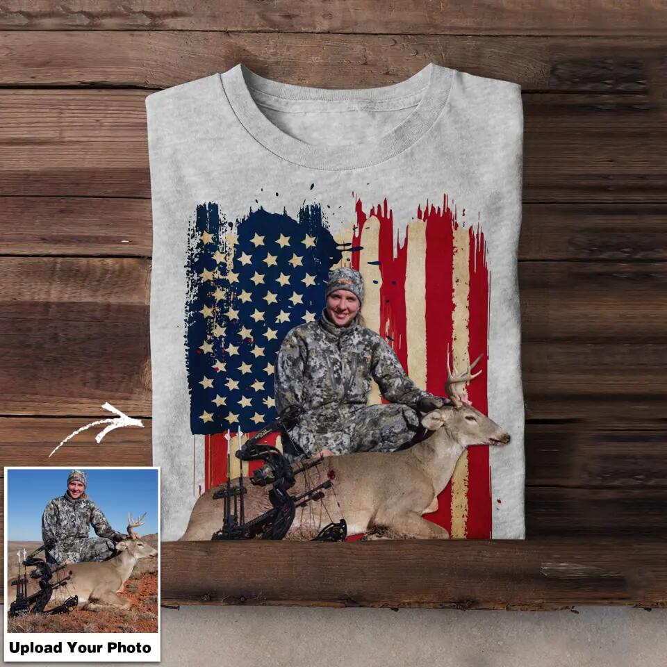 Personalized Upload Your Deer Hunting Photo 
 US Flag Tshirts 23APR-DT07