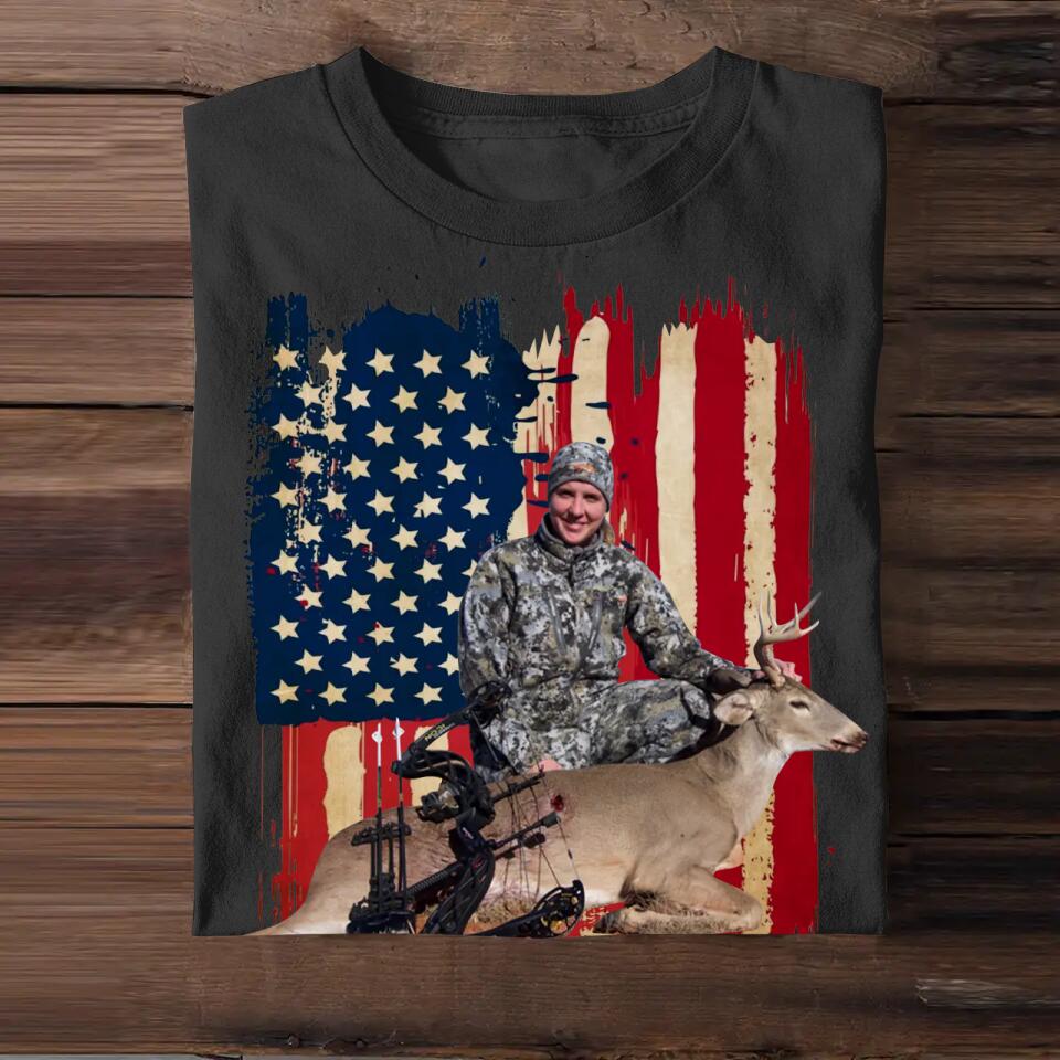 Personalized Upload Your Deer Hunting Photo 
 US Flag Tshirts 23APR-DT07