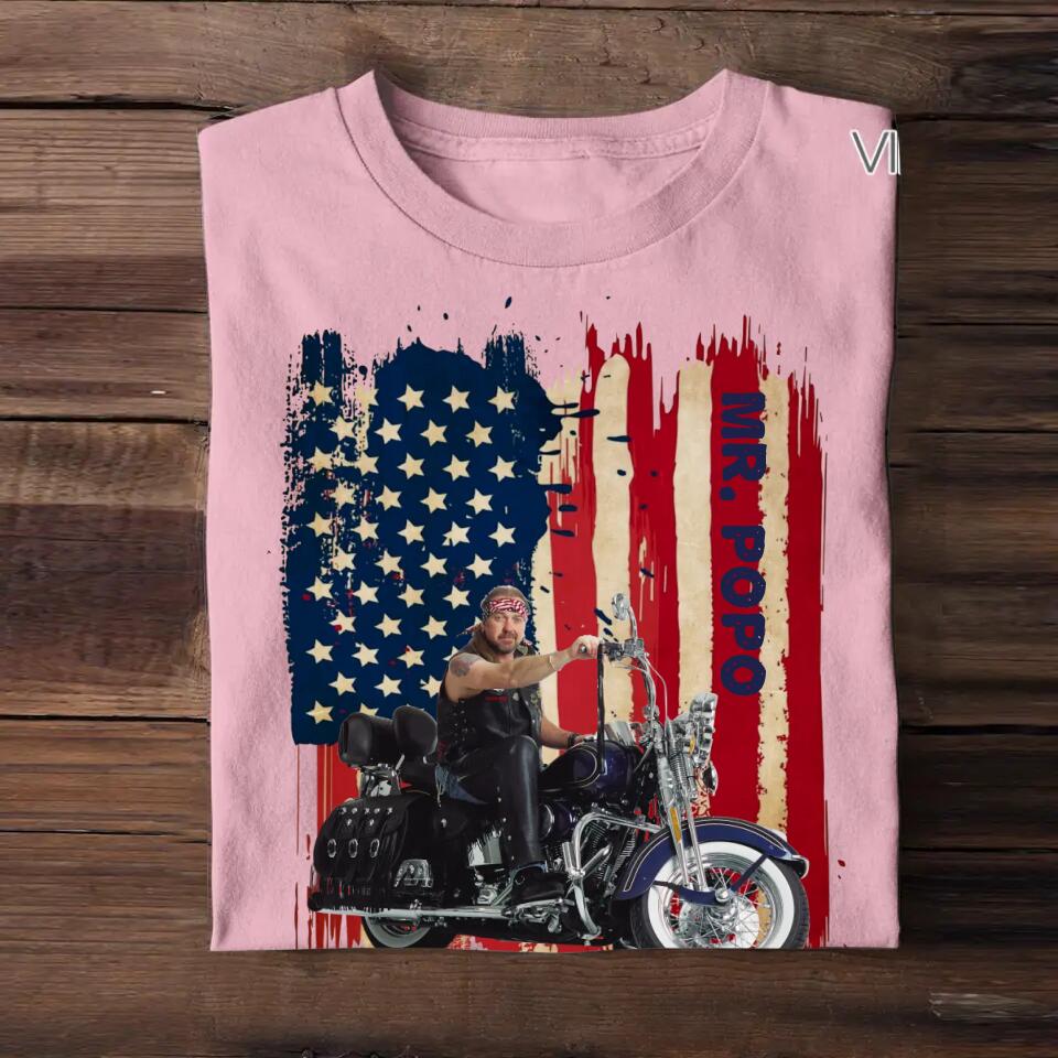 Personalized Upload Your Motorcyclist Photo US Flag Background Tshirt Printed 23MAR-BQT29