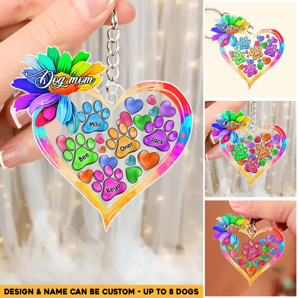 Personalized Dog Mom Colorful Flowers Heart & Dog Name Acrylic Keychain Printed QTHQ1404