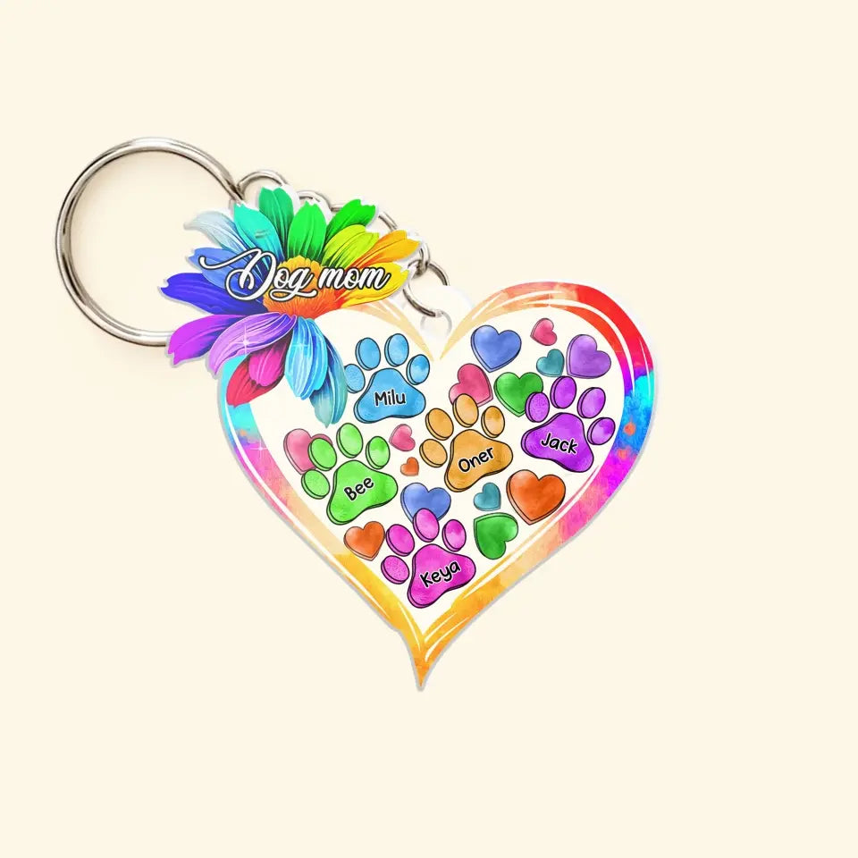 Personalized Dog Mom Colorful Flowers Heart & Dog Name Acrylic Keychain Printed QTHQ1404
