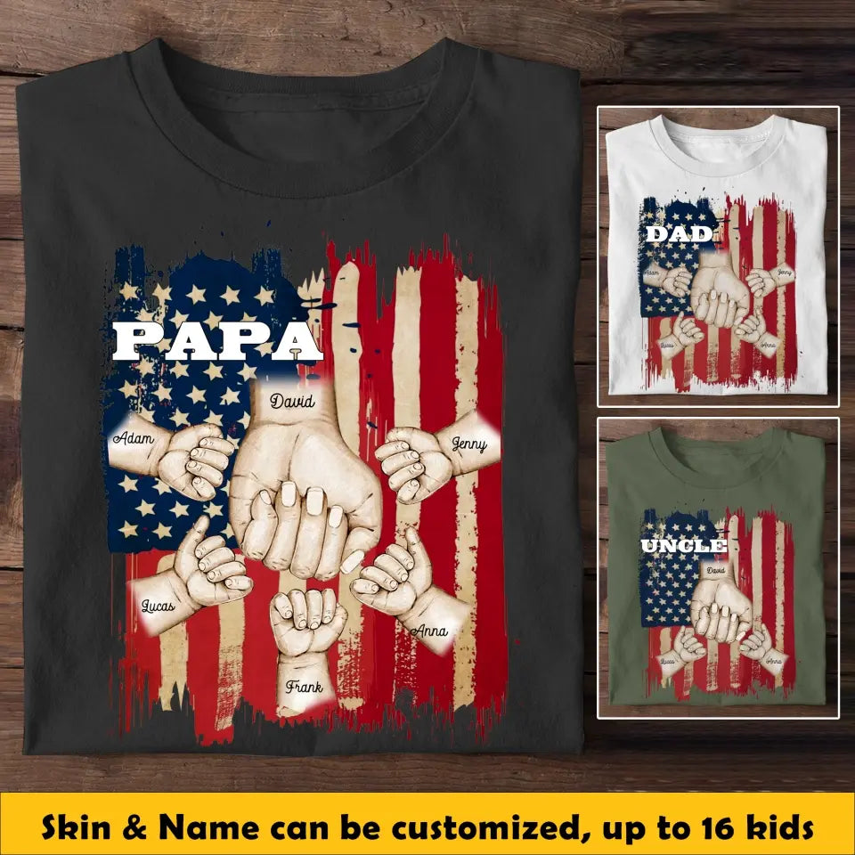 Personalized Papa US Flag Background Hands With Kid Name Printed Tshirts 23APR-BQT20