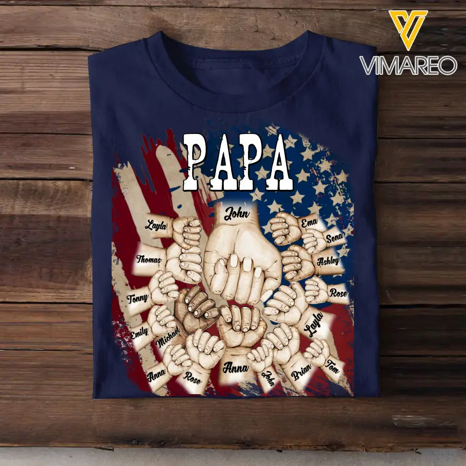 Personalized Papa US Flag Background Hands With Kid Name Printed Tshirts 23APR-TB20