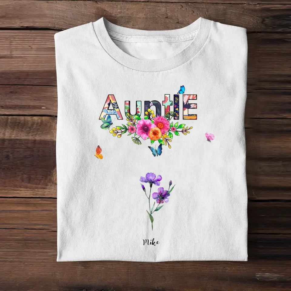 Personalized Auntie Flowers with Kid Name T-shirt Printed 23APR-TB21